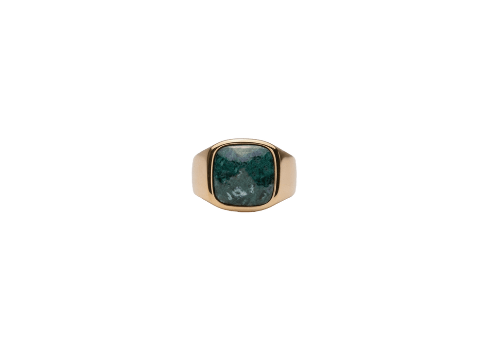 IX Cushion Signet Ring Green Marble Gold 14K